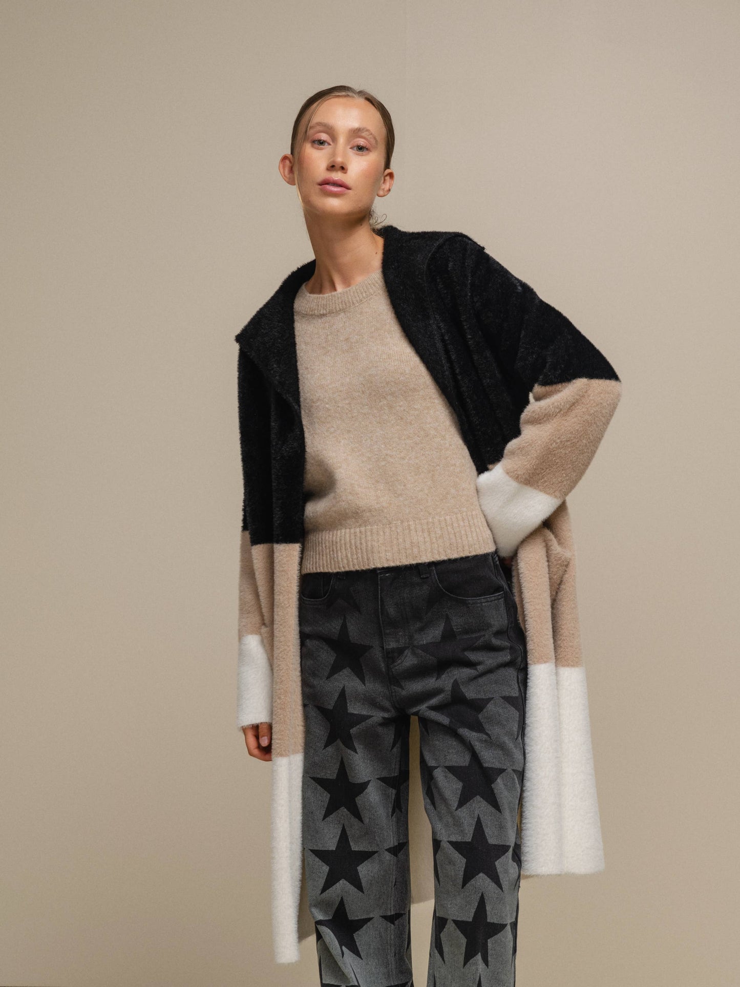 Cappotto cardigan in maglia color block da donna