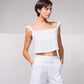 Top corto in lino con spalline arricciate