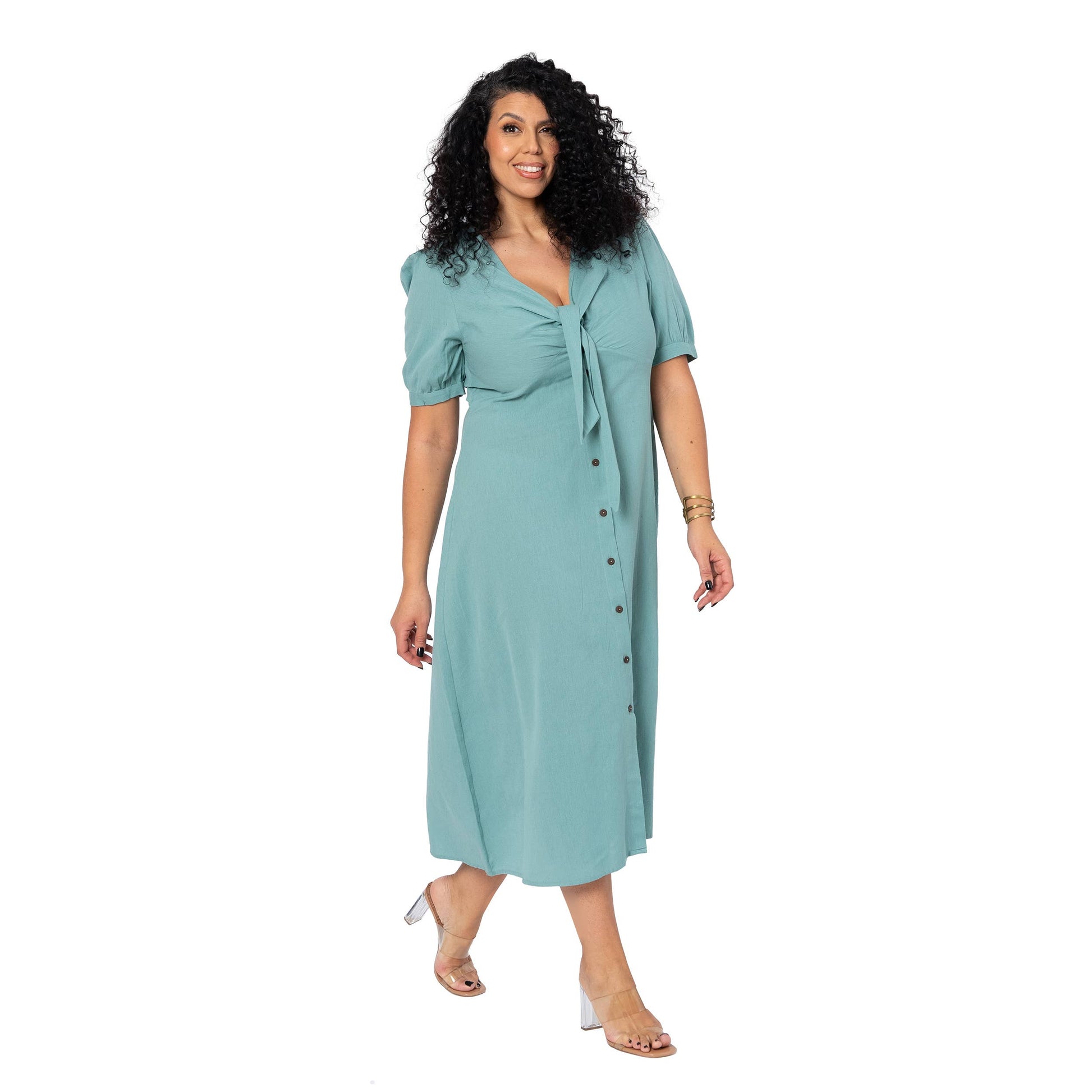 Abito estivo lungo curvy in cotone e lino con maniche corte