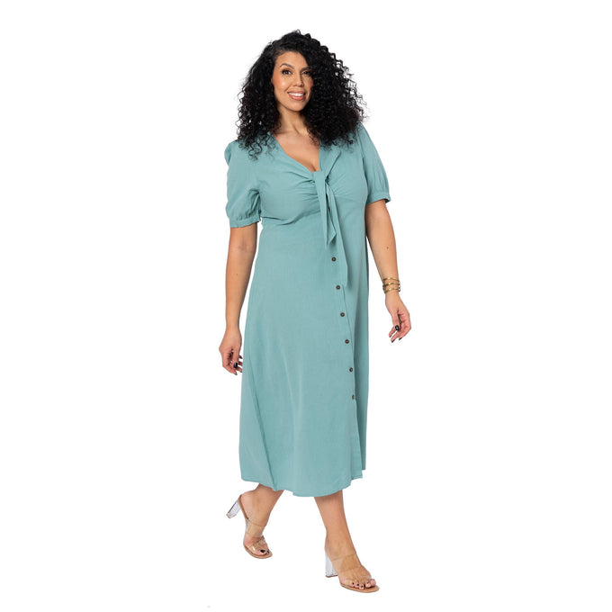Abito estivo lungo curvy in cotone e lino con maniche corte