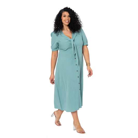 Abito estivo lungo curvy in cotone e lino con maniche corte