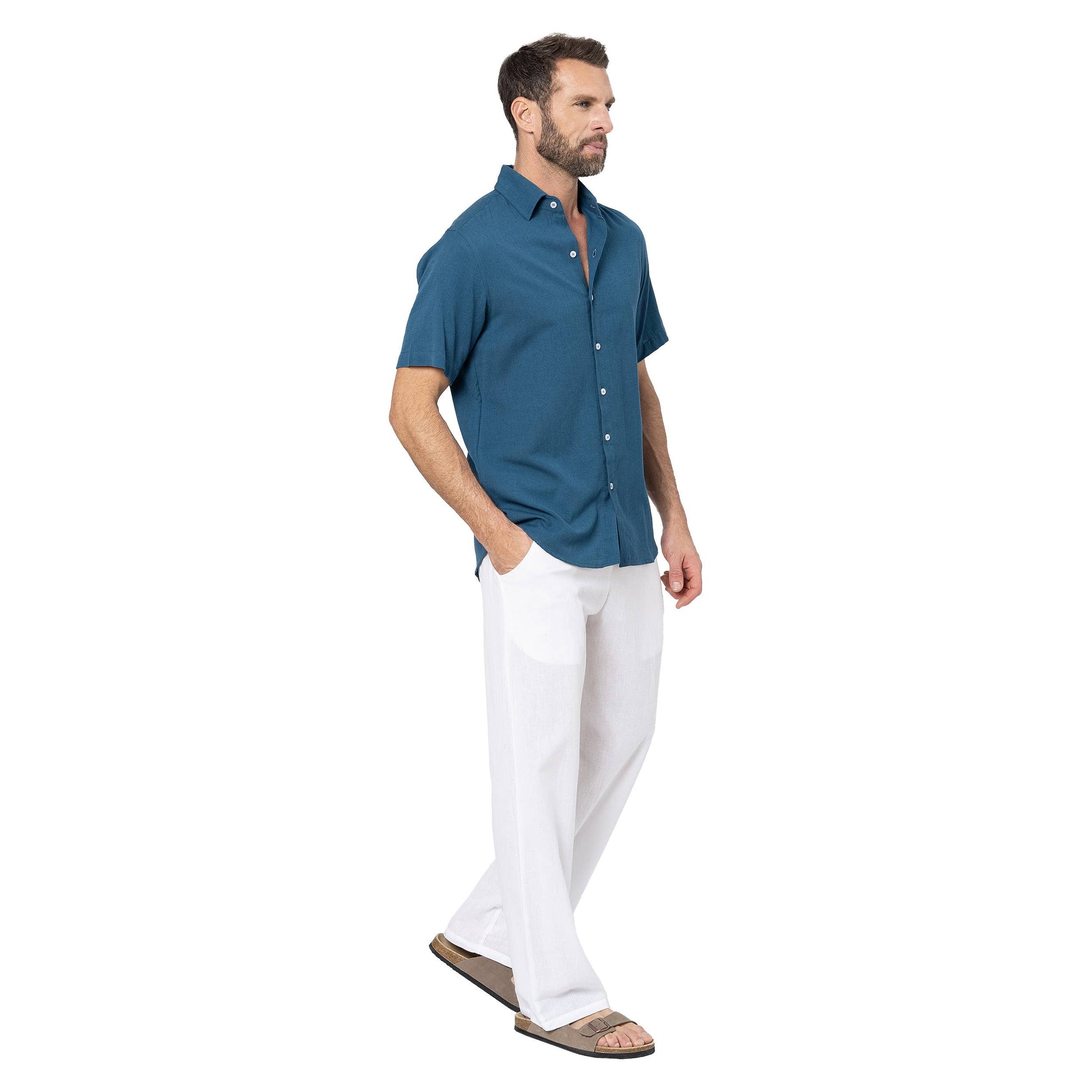Camicia estiva uomo in lino e cotone petrolio a maniche corte