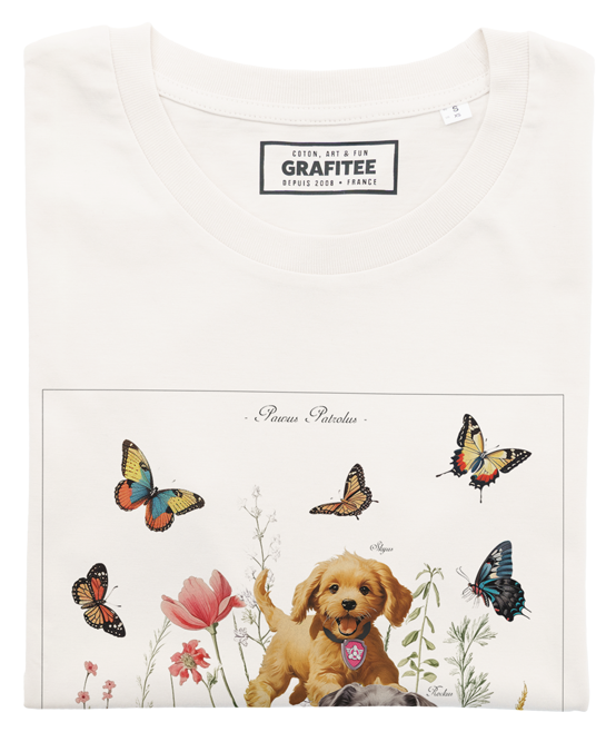 T-shirt unisex in cotone biologico con stampa cuccioli e farfalle