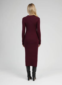 Abito lungo in maglia a coste color vino con colletto polo
