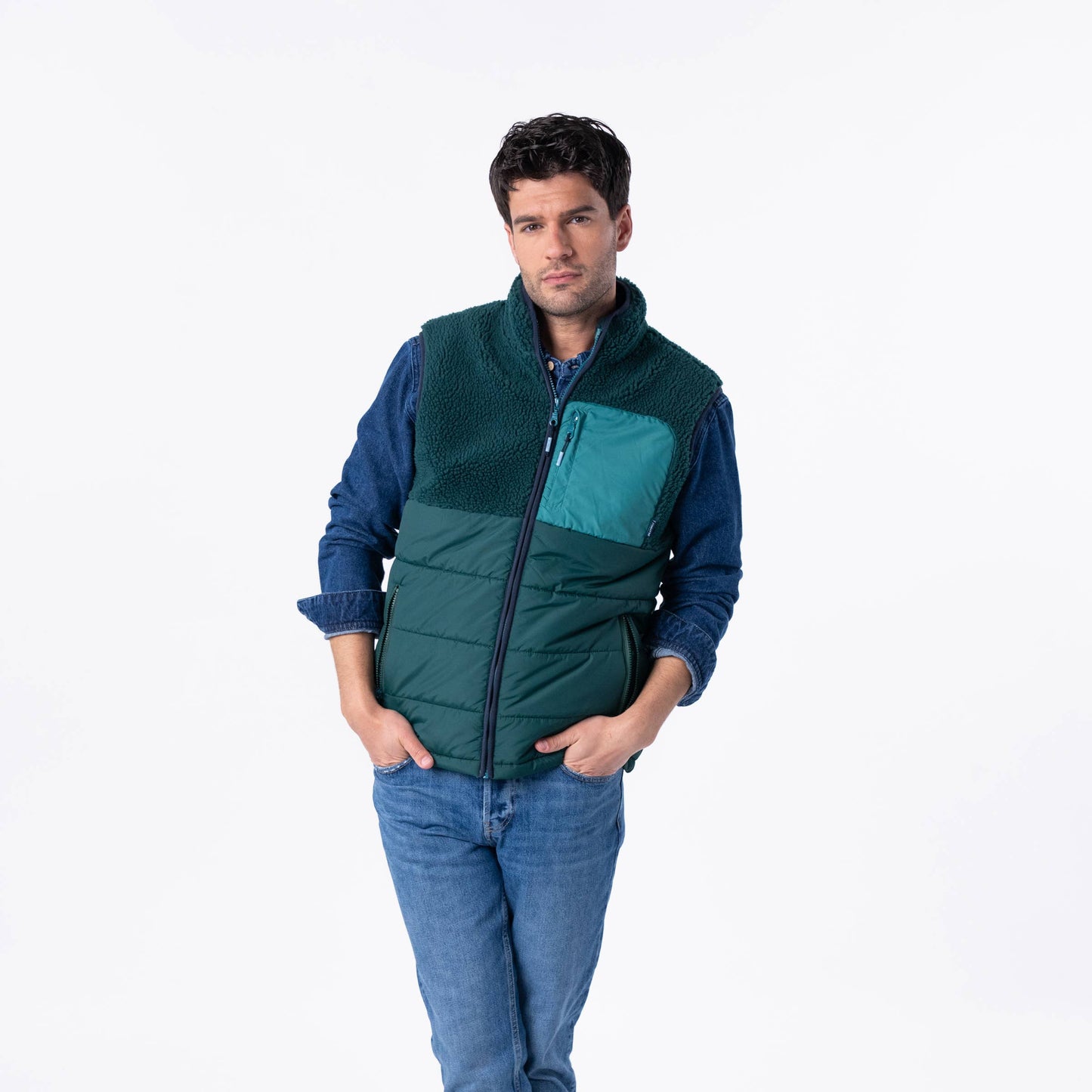 Gilet in sherpa bicolore verde senza maniche