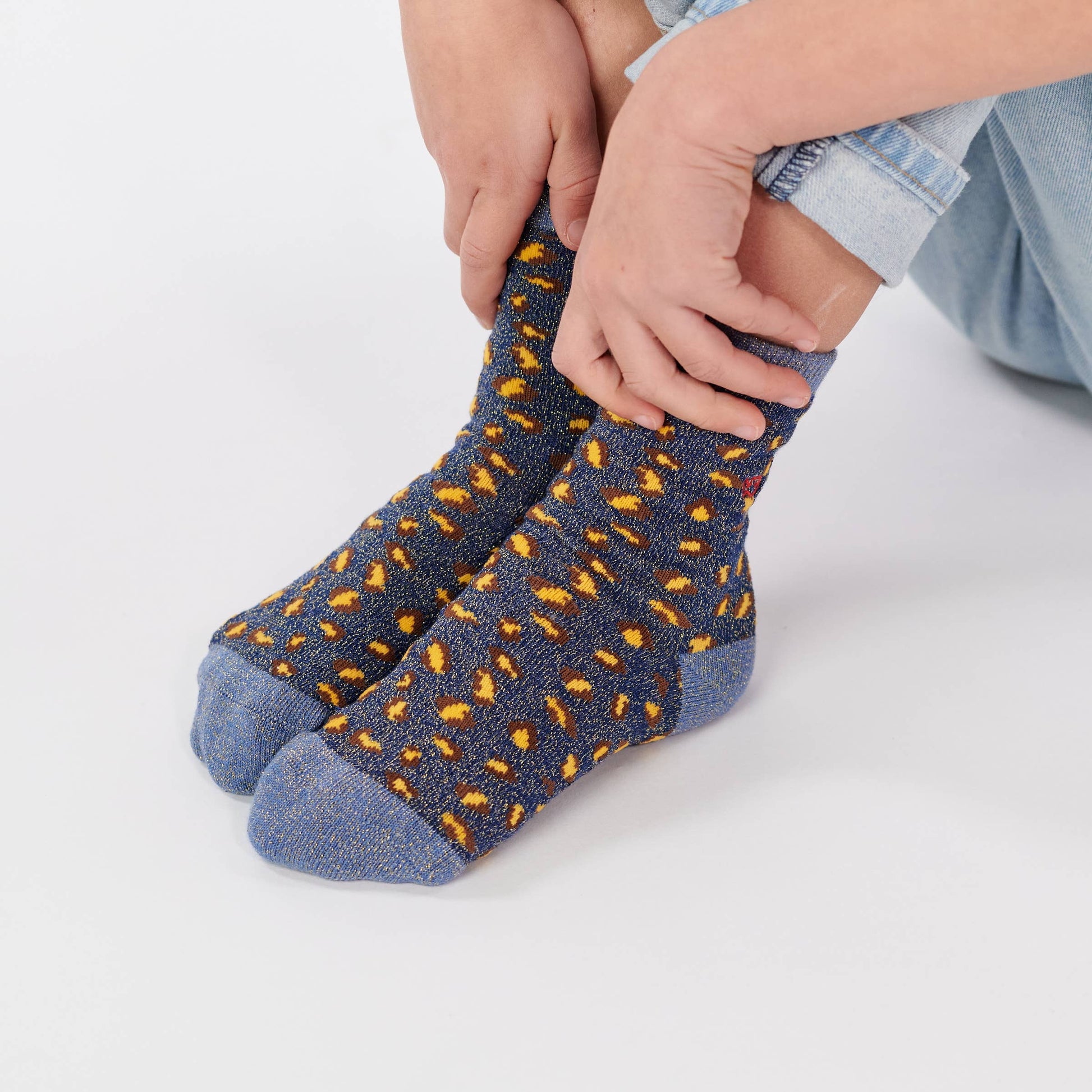 Calzini bambina leopardati glitter blu marino