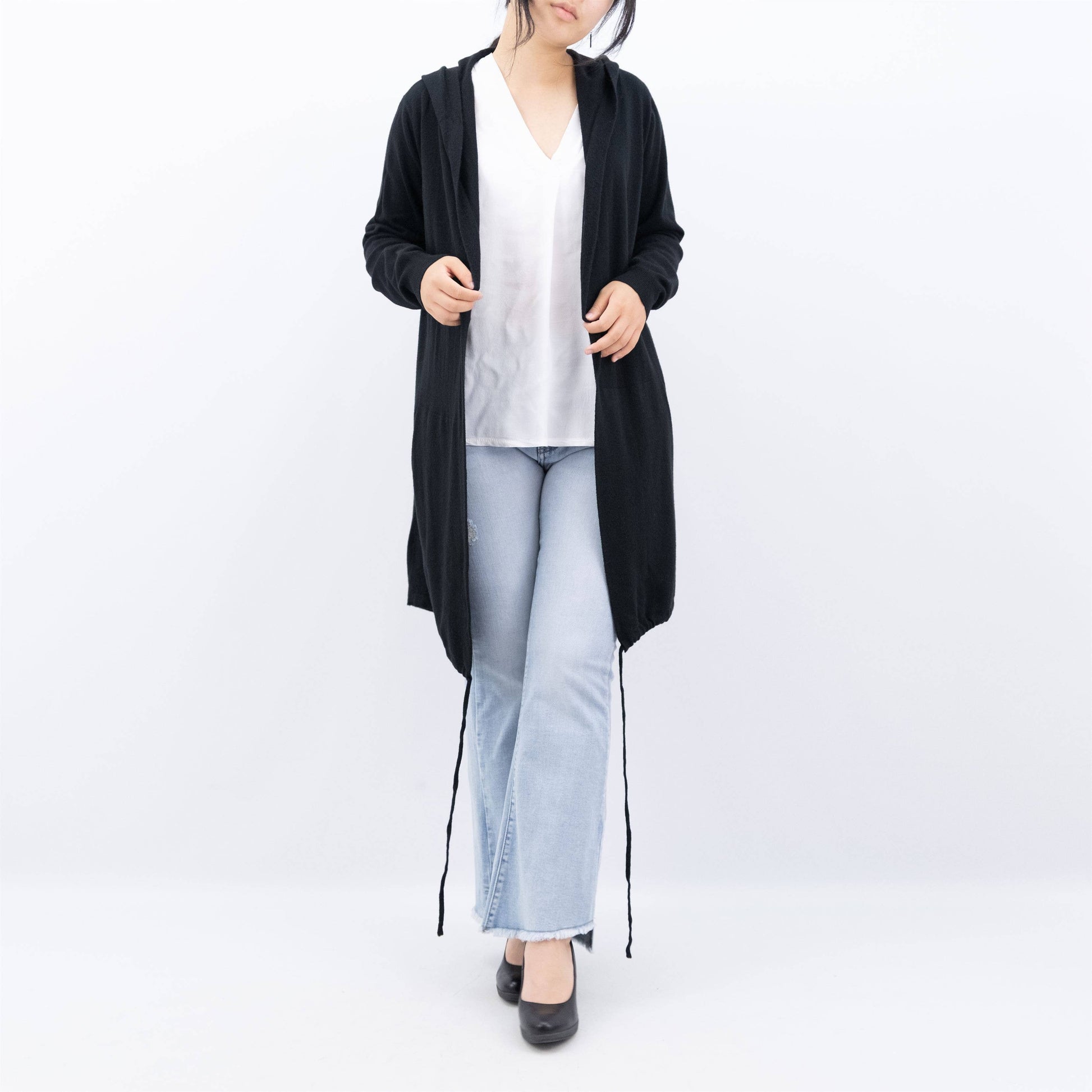 Gilet lungo con cappuccio in maglia morbida