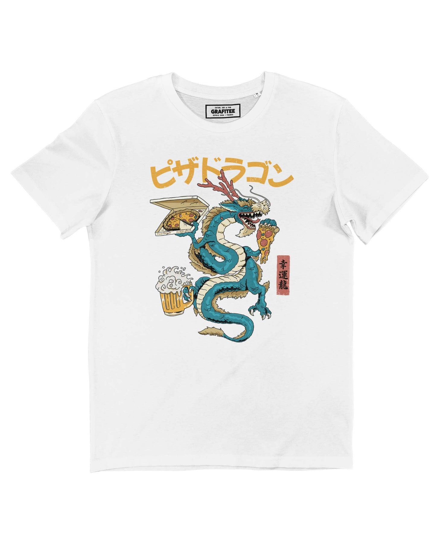T-shirt Pizza Dragon bianca in cotone biologico