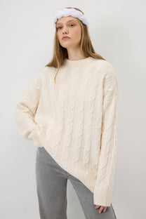 Maglione oversize a trecce in maglia ecrù