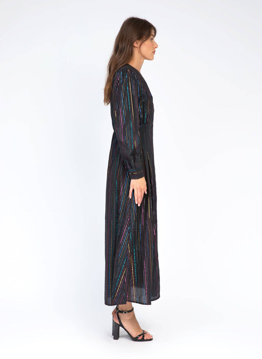 Abito lungo nero Ozane con righe multicolor effetto lurex