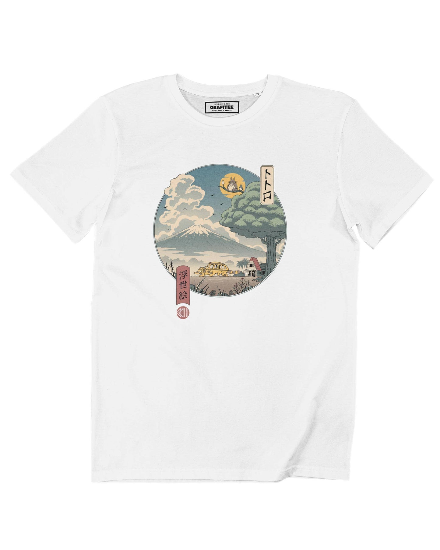 T-shirt unisex Totoro Ukiyo-e con grafica Totoro e Gatto-Bus