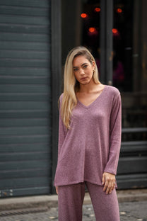 Tunica in maglia a coste con scollo a V