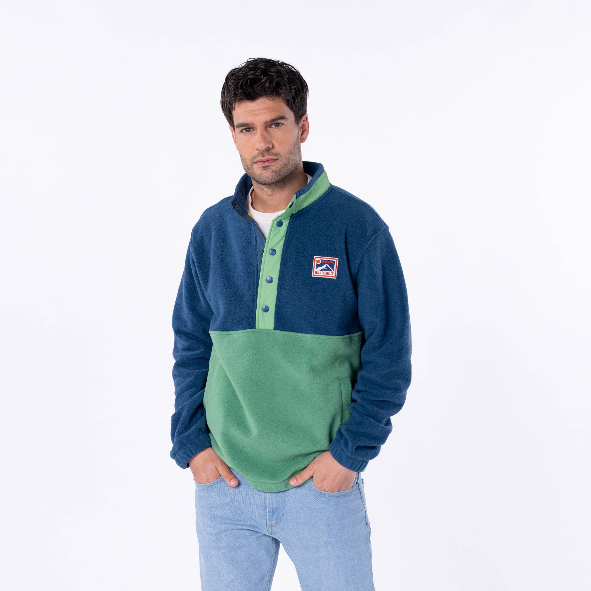 Felpa in pile bicolore blu navy e verde con bottoni