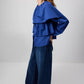 Blusa corta indaco con balze e maniche a sbuffo in cotone misto
