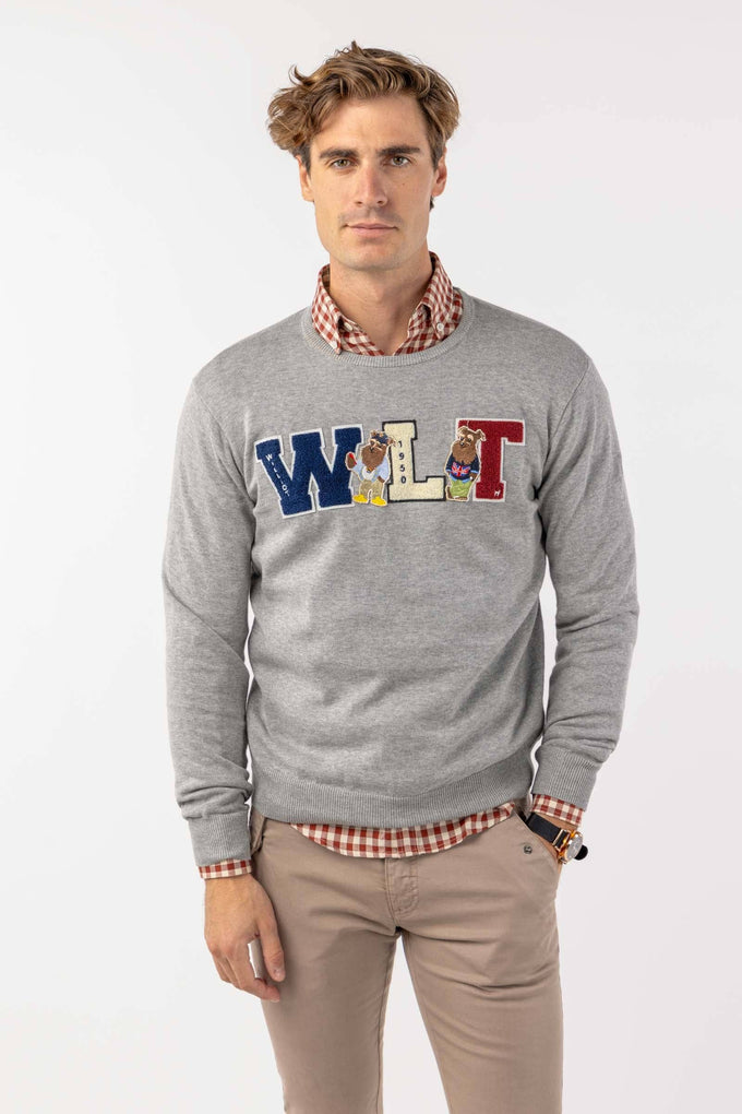 Maglia girocollo grigia con patch ricamate