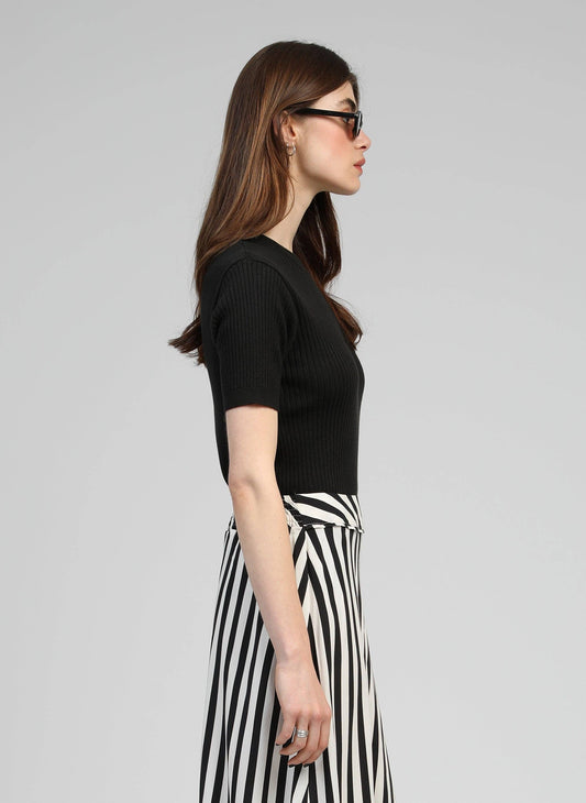 Maglia a Costine Nera Girocollo Manica Corta