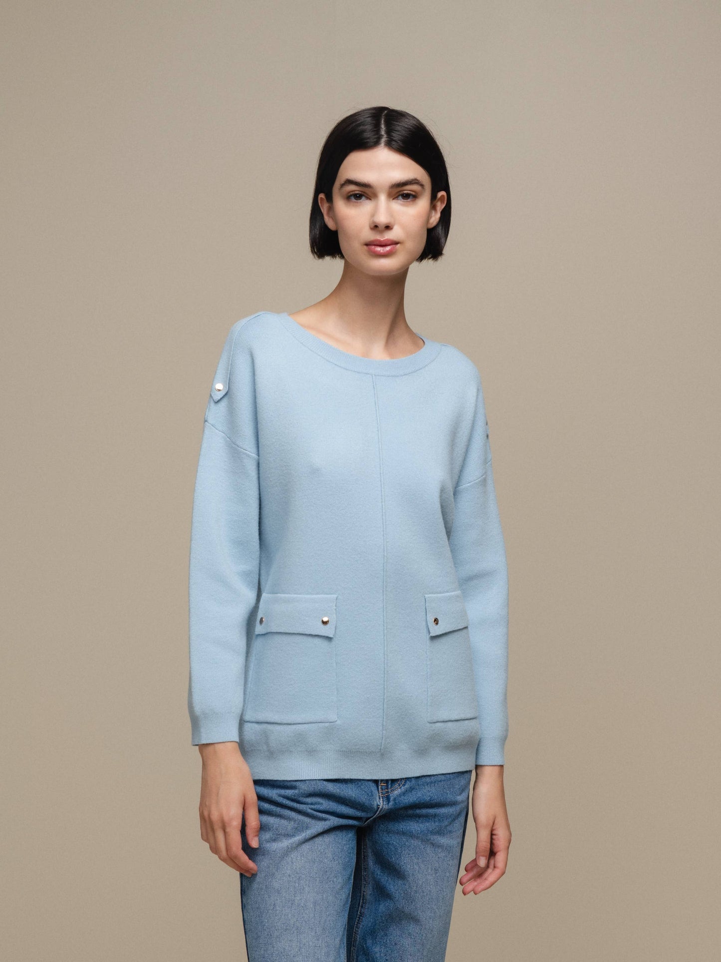 Maglione donna in maglia con tasche applicate