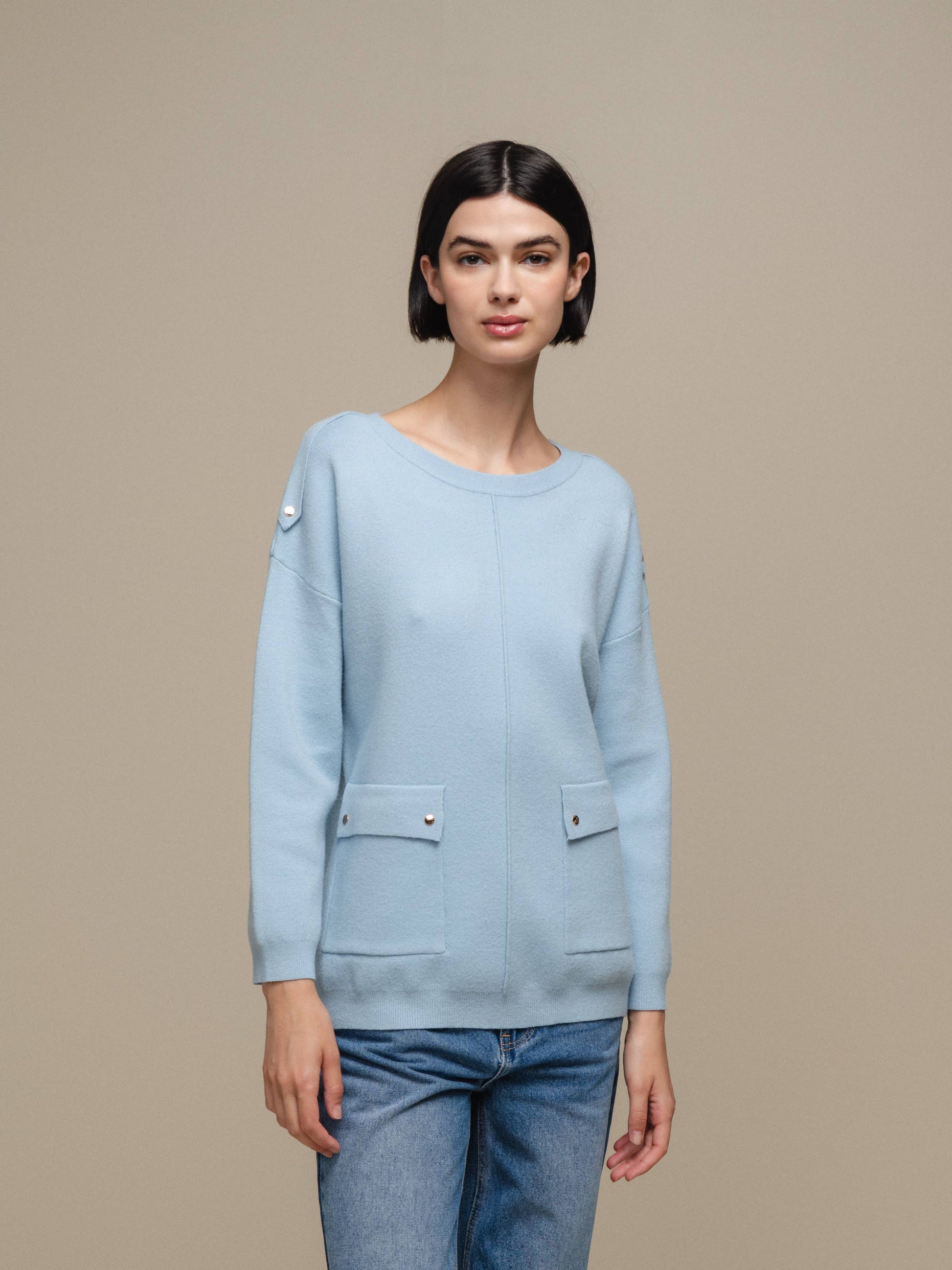 Maglione donna in maglia con tasche applicate