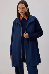 Gilet lungo con zip e cappuccio blu navy