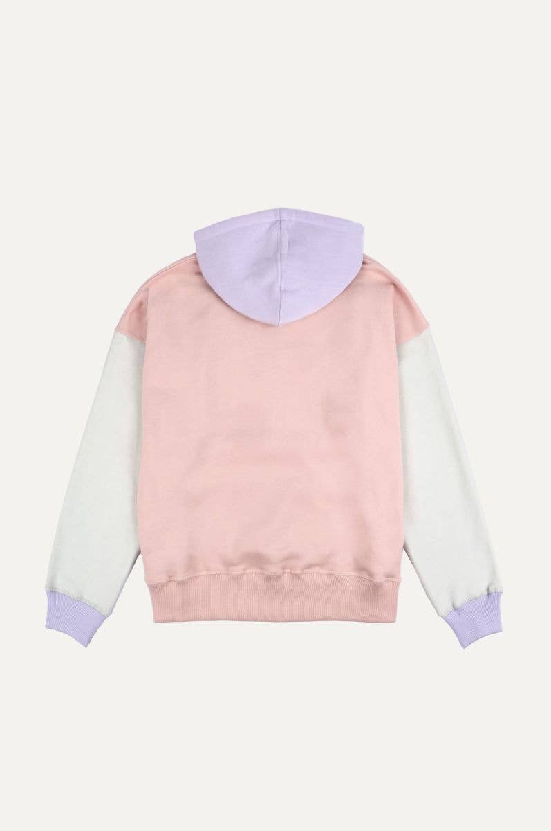 Felpa oversize donna color block rosa con cappuccio