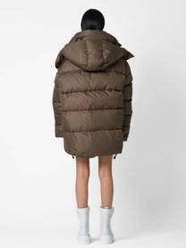Bomber oversize con stampa testuale e cappuccio staccabile