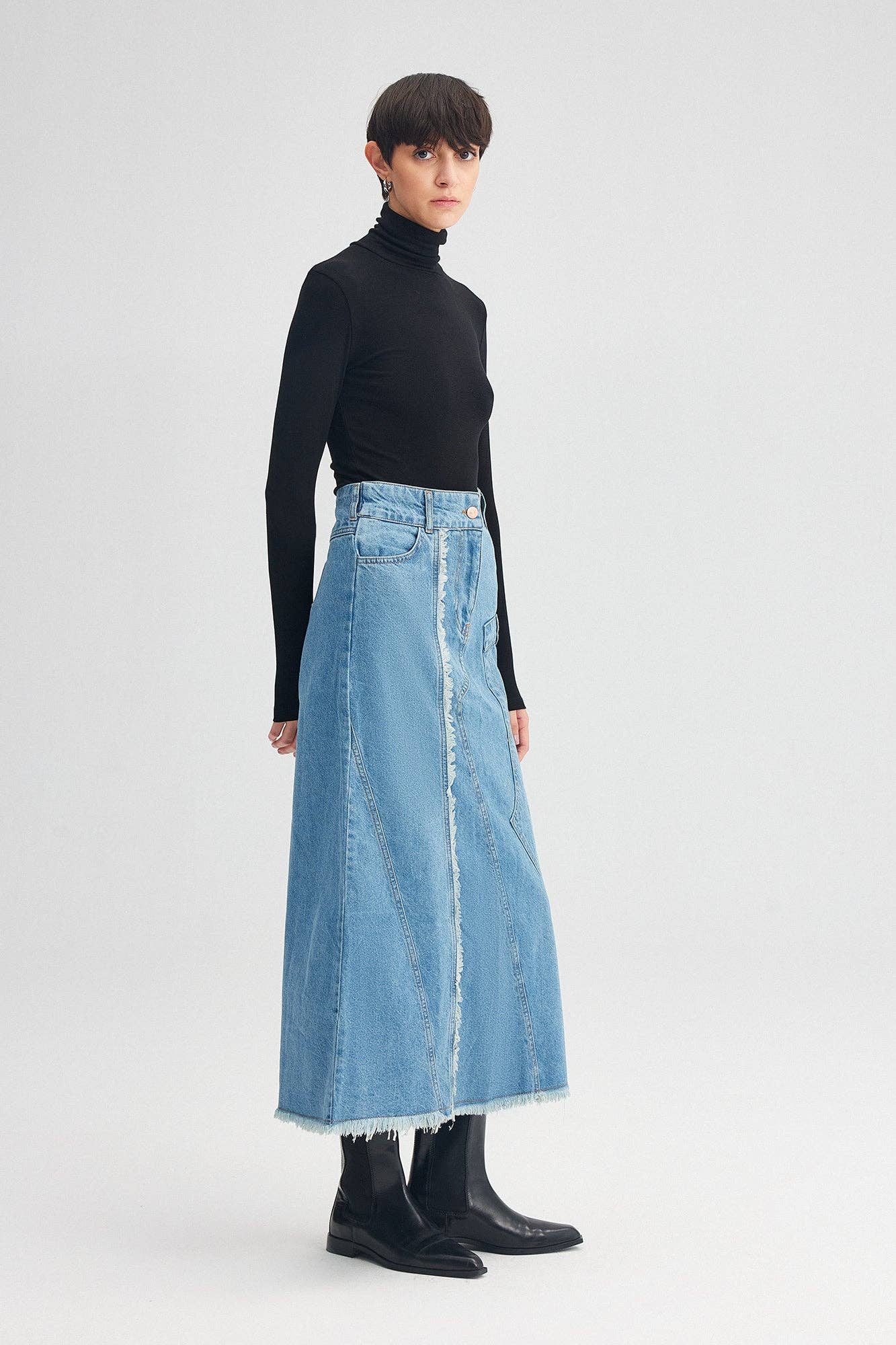 Gonna lunga in denim con cuciture a contrasto