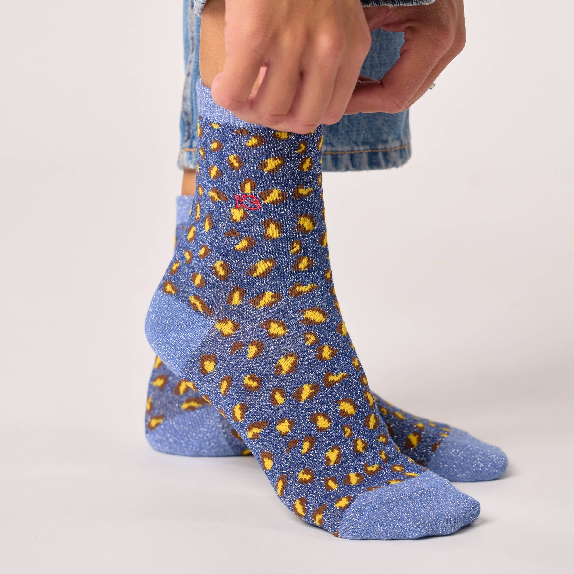 Calzini alla caviglia glitterati leopardati blu navy