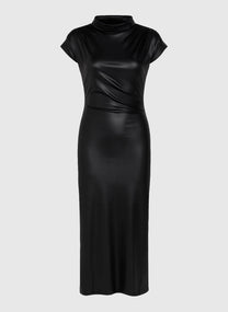 Abito lungo in similpelle nero con collo alto