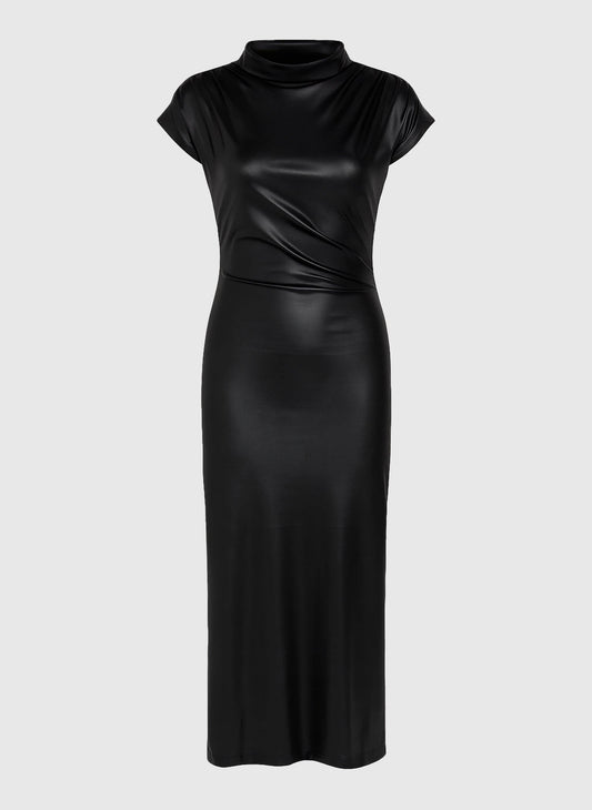 Abito lungo in similpelle nero con collo alto