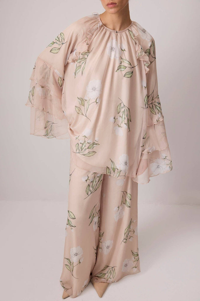 Completo tunica e pantaloni in chiffon floreale rosa