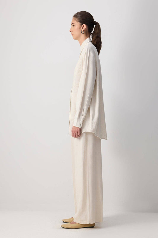 Camicia lunga in misto lino ricamata color naturale