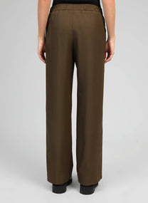 Pantaloni palazzo a vita alta color militare con bottoni dorati