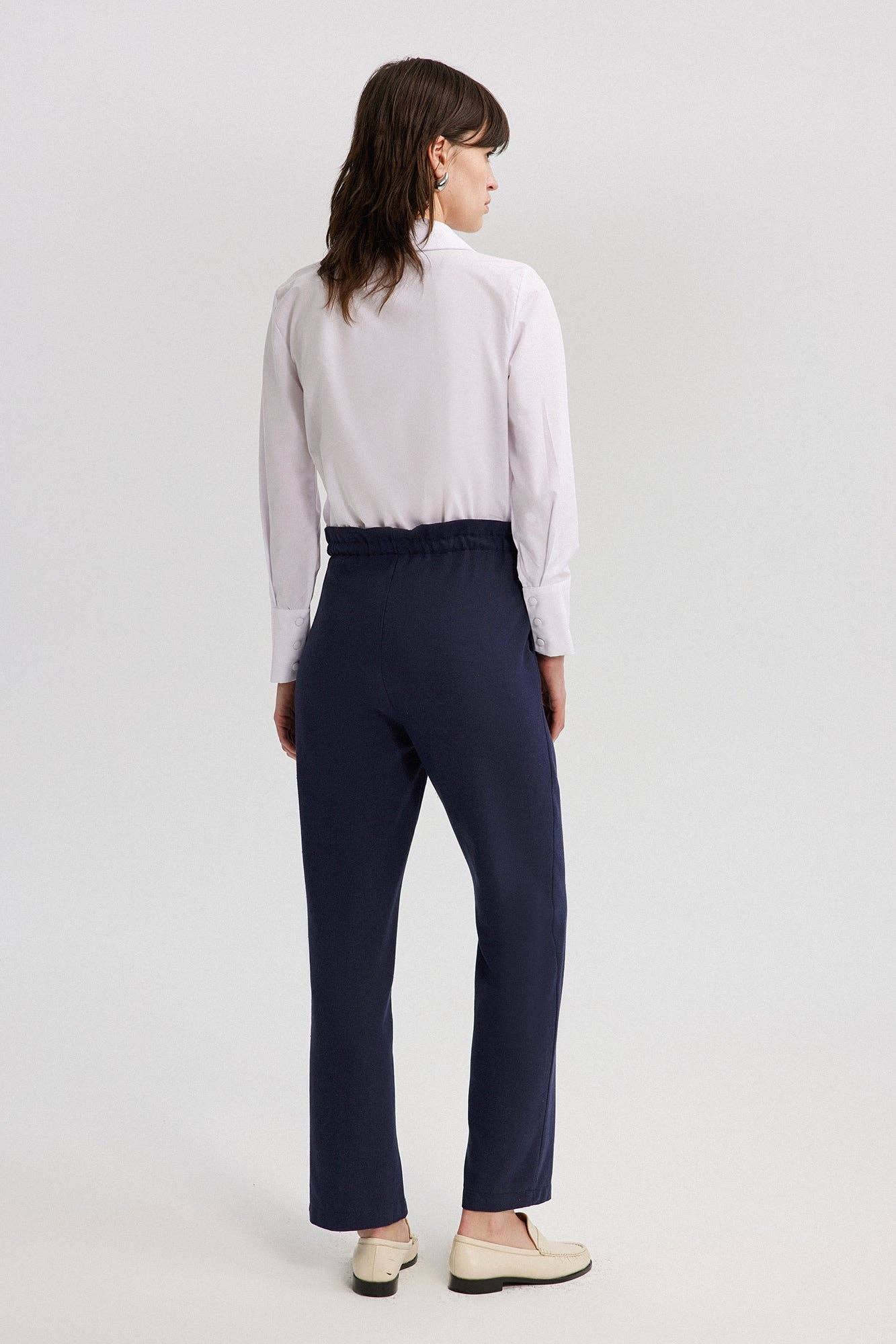 Pantaloni donna blu navy in misto lino con vita elasticizzata