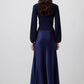 Abito lungo blu navy drappeggiato con maniche a palloncino