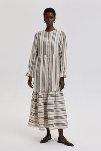 Abito chemisier maxi a righe in cotone con polsini arricciati