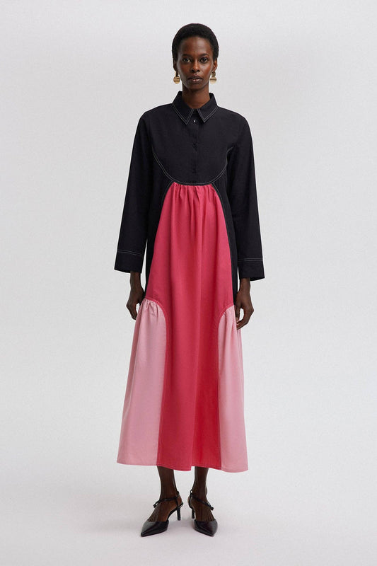 Abito maxi color block con colletto in misto cotone