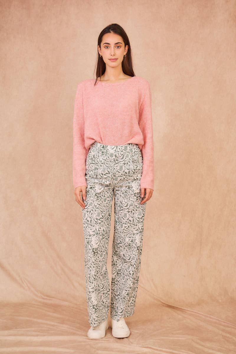 Pantaloni a vita alta in cotone con stampa floreale e gamba ampia