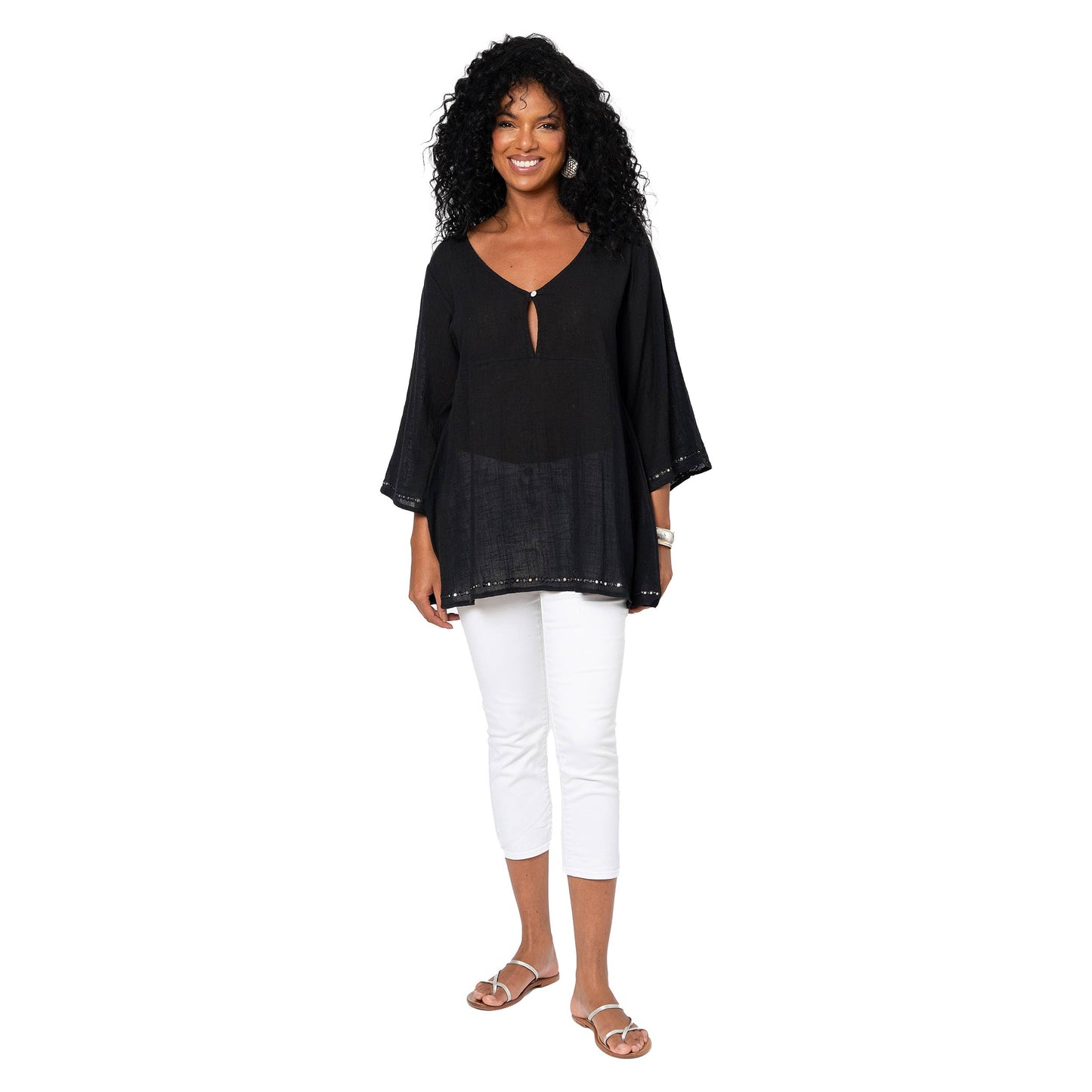 Top lungo estivo boho in cotone con maniche svasate