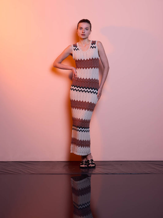 Abito lungo a maglia in viscosa e nylon a righe chevron