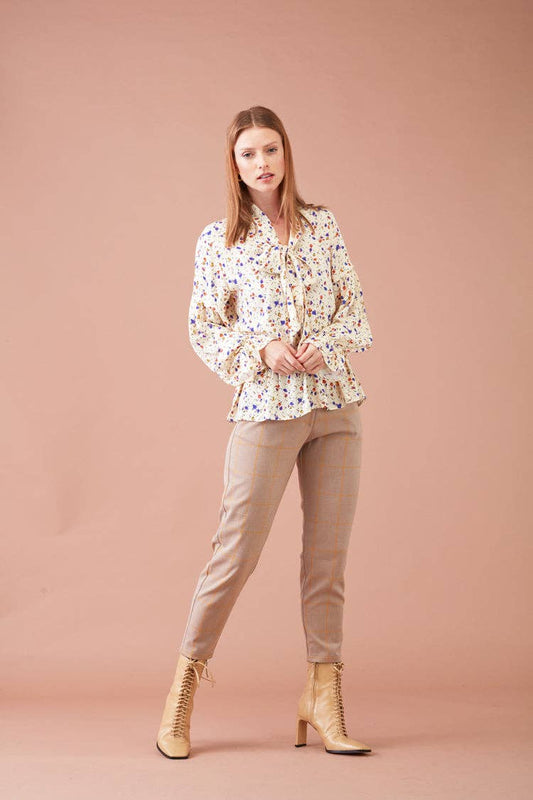 Pantaloni cigarette beige a quadri da donna