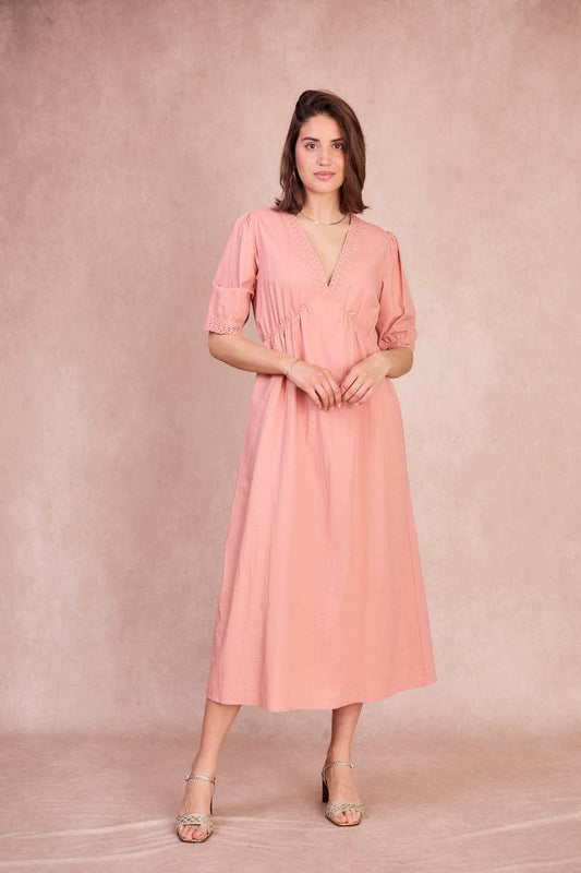 Abito midi con scollo a V e bordi in pizzo