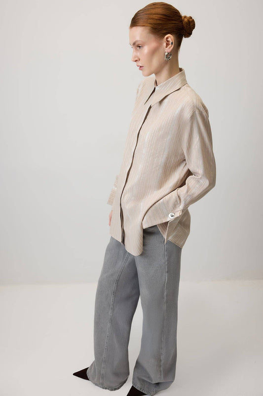 Camicia in viscosa a righe glitter crema