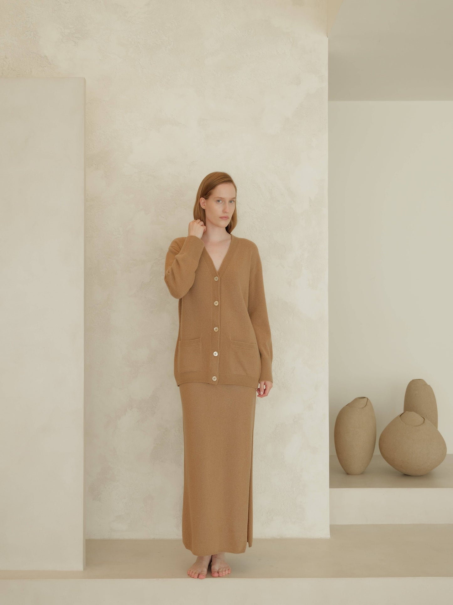 Gonna lunga a vita alta in misto cashmere con spacco laterale in maglia 3D