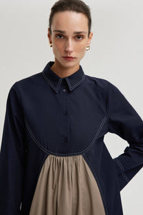Abito lungo colour block con colletto in misto cotone