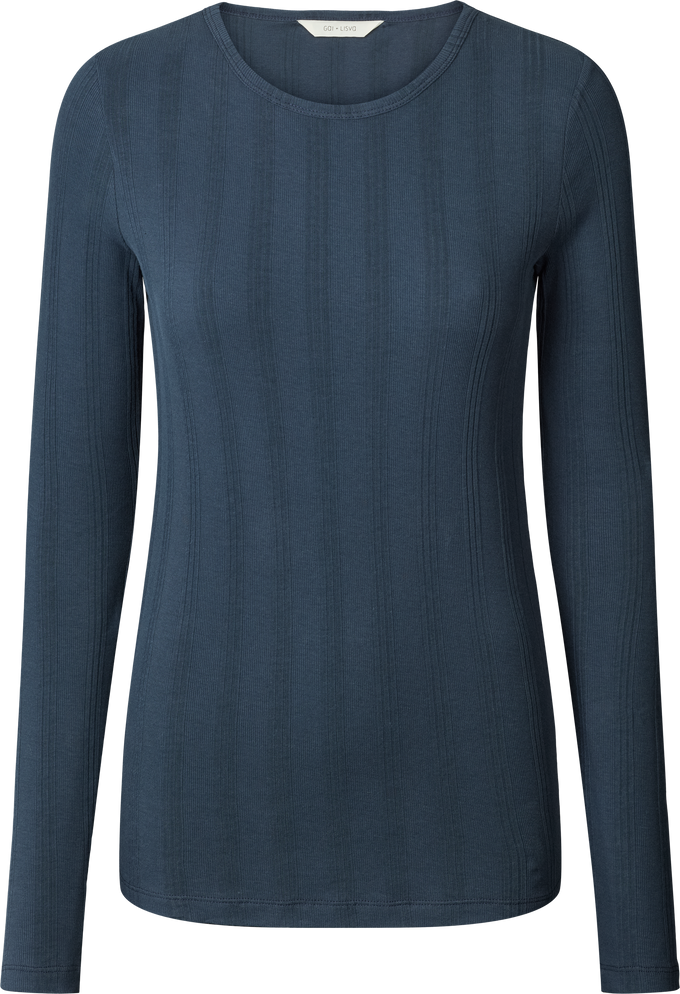 Top Thyra a maniche lunghe in cotone biologico a costine blu denim