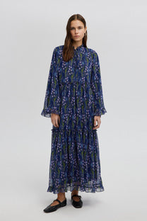 Abito lungo in chiffon floreale con volant stile boho
