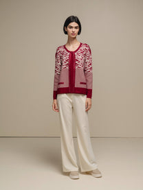 Cardigan donna in maglia jacquard animalier bicolore