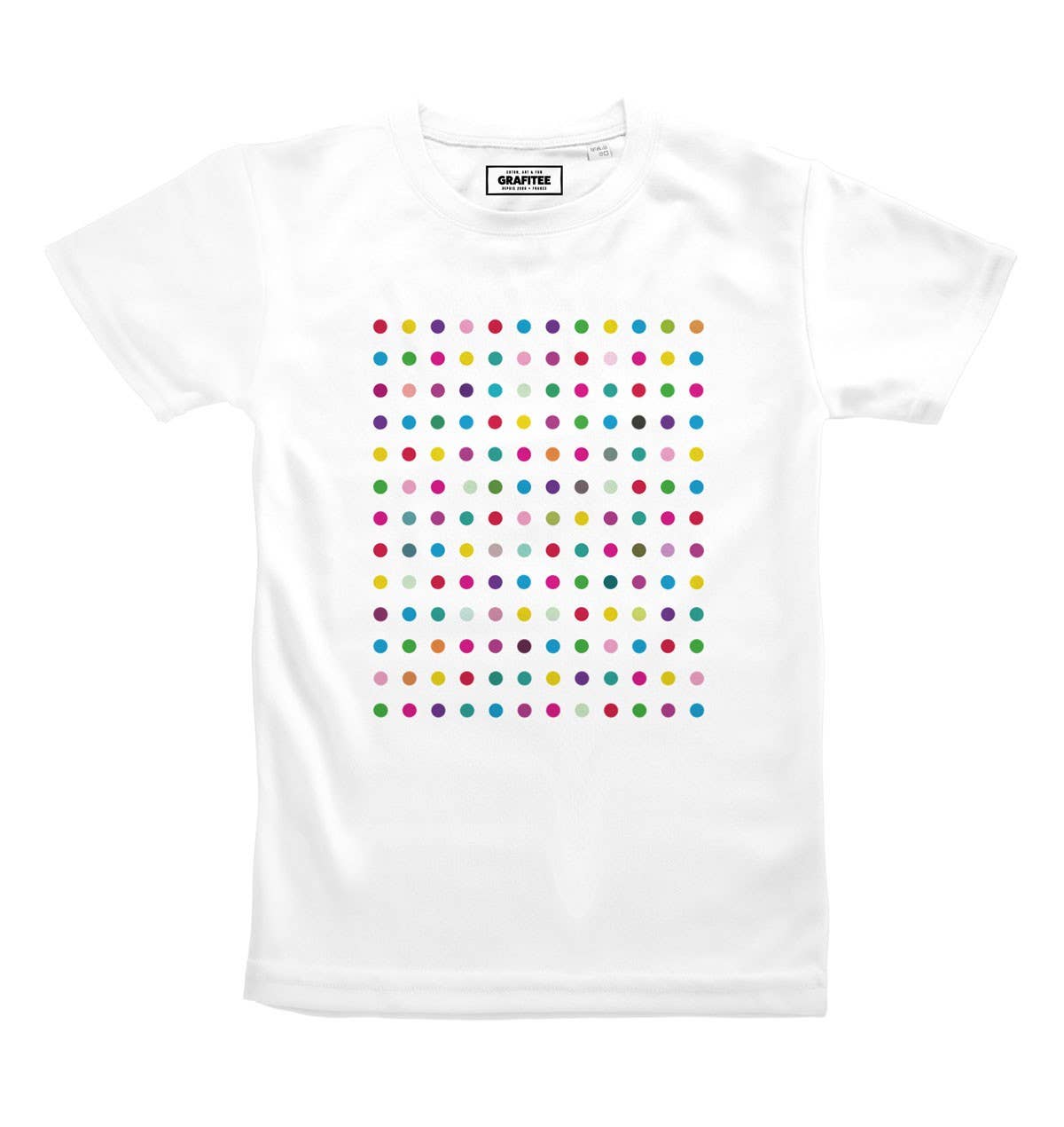 T-shirt unisex bianca con stampa a pois multicolore