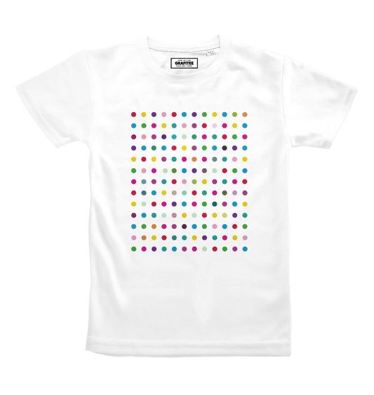 T-shirt unisex bianca con stampa a pois multicolore