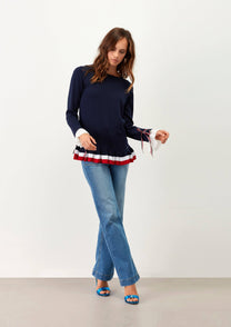 Maglione con balze e nastri a contrasto